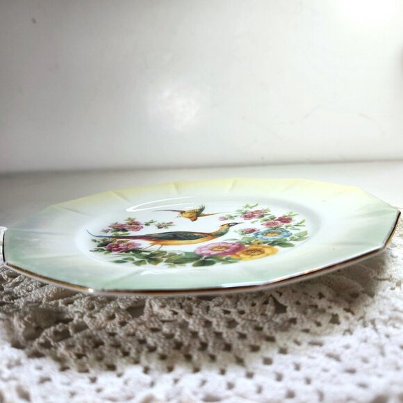 Bird of Paradise Pheasant Plate Made in Germany 7.5" Diameter 12 Sided Floral - Picture 4 of 7